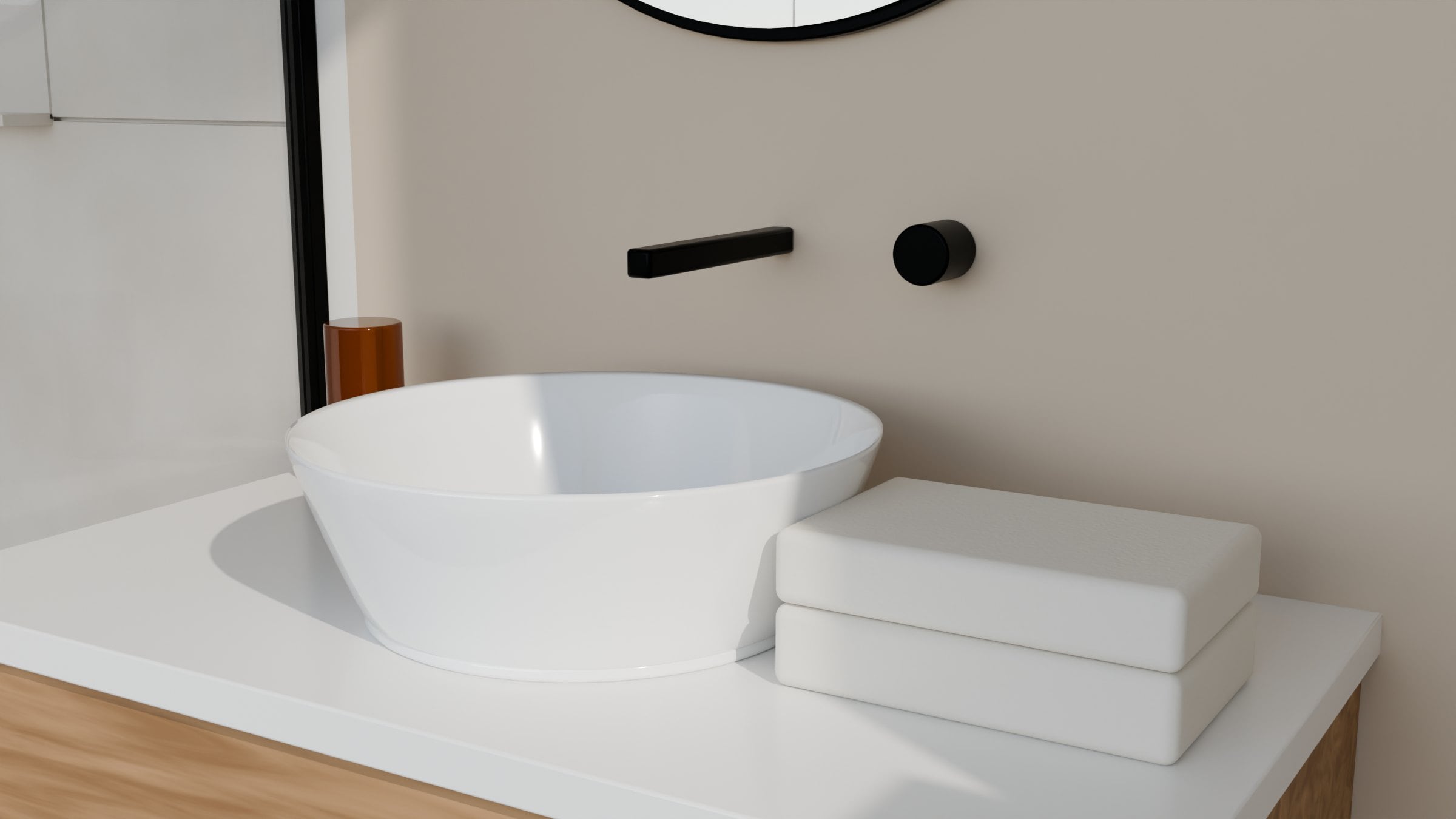 Rendering of a vessel basin and matte black faucet