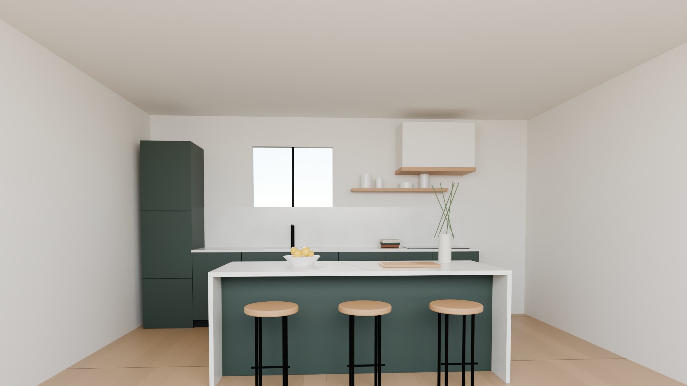 Rendering of a kitchen with green cabinets, quartz island and oak floor